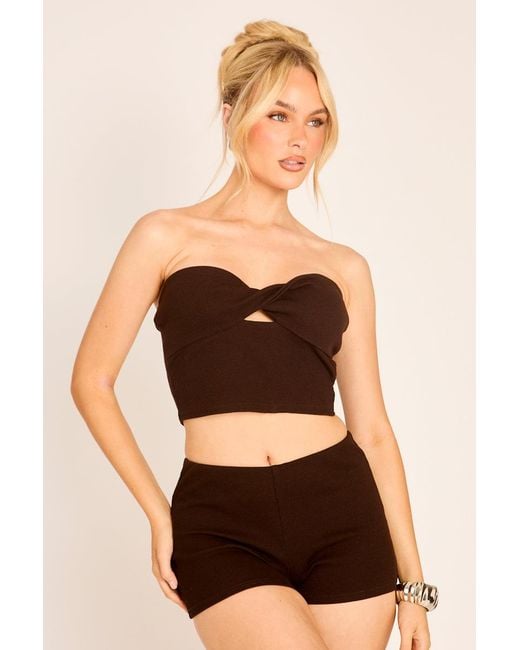 Rebellious Fashion Black Ribbed Twist Front Top And Shorts Co-Ord Set