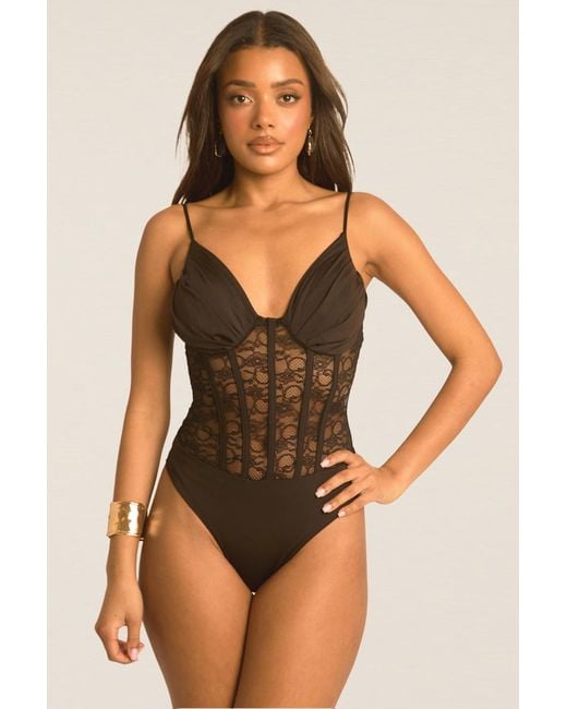 Rebellious Fashion Black Lace Corset Detail Bodysuit