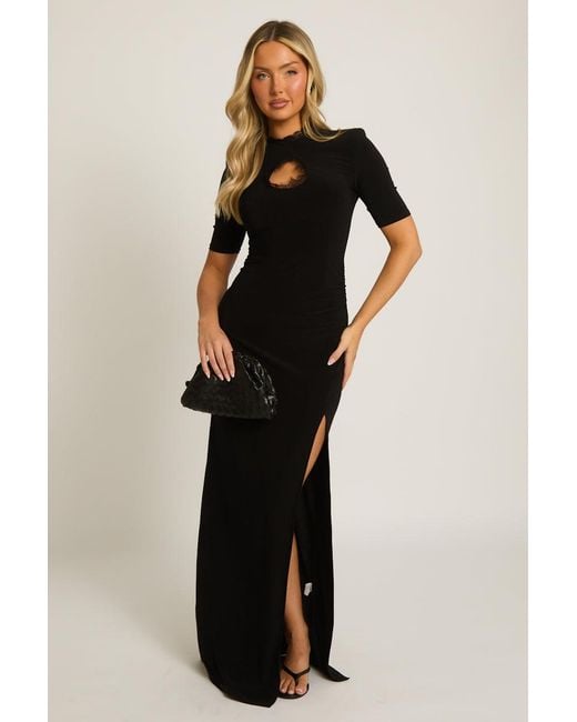 Rebellious Fashion Black Split Front Shoulder Pad Maxi Dress