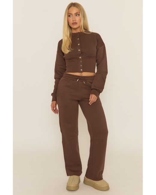 Rebellious Fashion Natural Popper Front Cinched Waist Sweatshirt And Wide Leg Trousers Loungewear Co-Ord Set