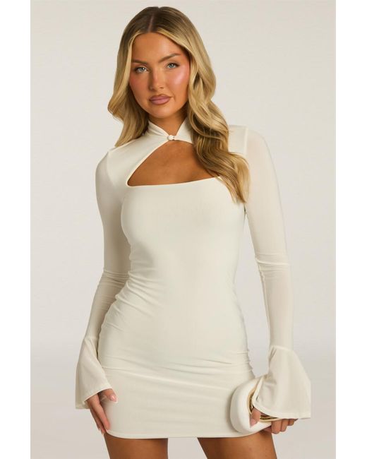 Rebellious Fashion Natural High Neck Long Sleeve Mini Dress