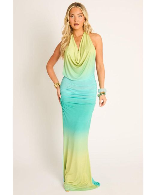 Rebellious Fashion Blue Ombre Printed Cowl Maxi Dress