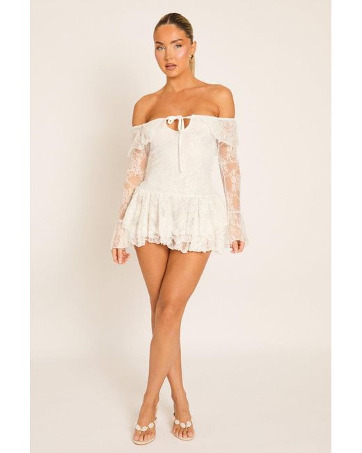 Rebellious Fashion Natural Lace Bardot Frill Mini Dress