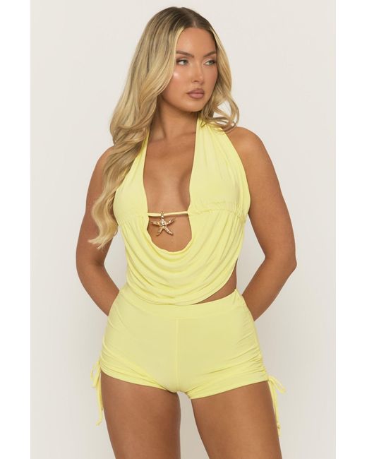 Rebellious Fashion Yellow Starfish Trim Top And Ruched Short Co-Ord Set