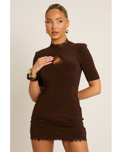 Rebellious Fashion Brown Shoulder Pad Lace Trim Mini Dress