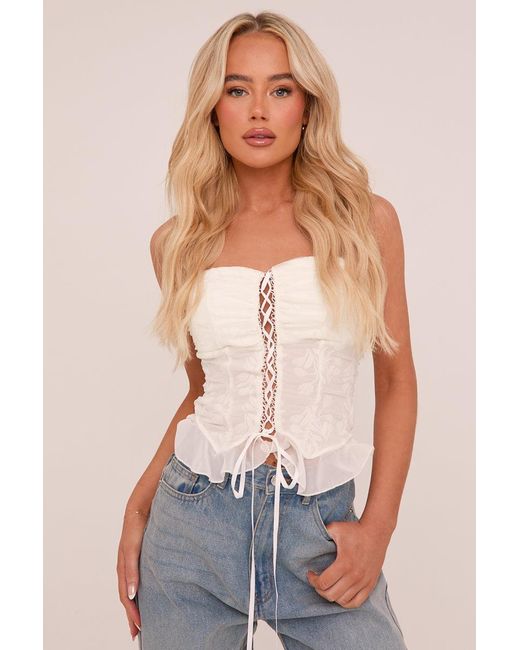 Rebellious Fashion Blue Embroidered Lace Up Detail Crop Top