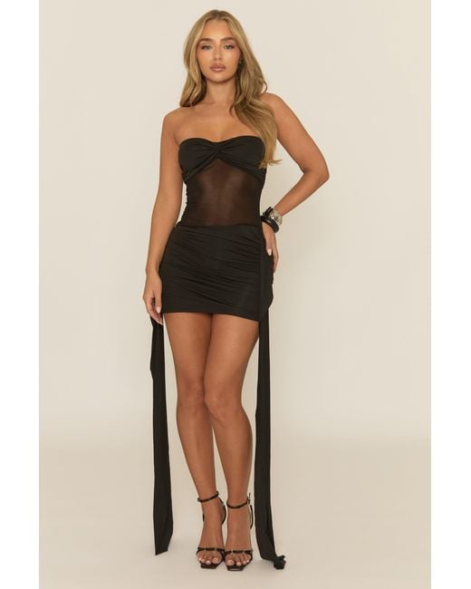 Rebellious Fashion Black Bandeau Drape Mesh Insert Mini Dress
