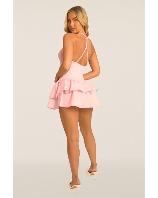 Rebellious Fashion Pink Frill Hem Halterneck Mini Dress