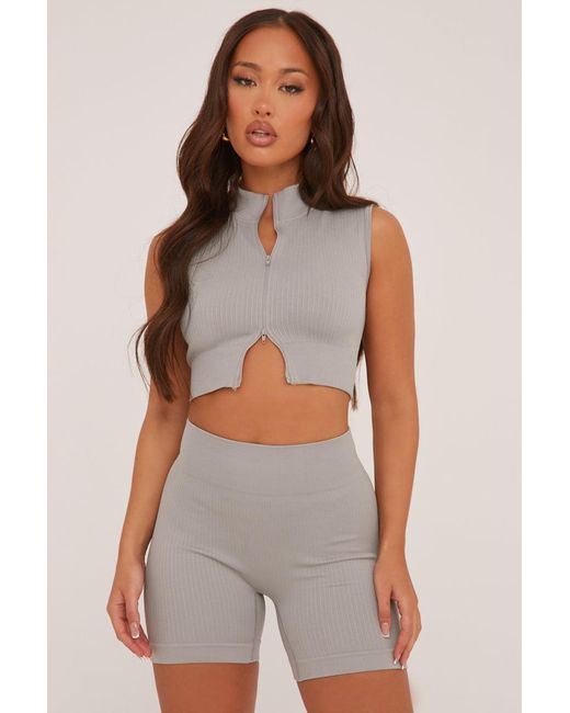 Rebellious Fashion Gray Zip Front Seamless Cropped Top & Shorts Co-Ord Set