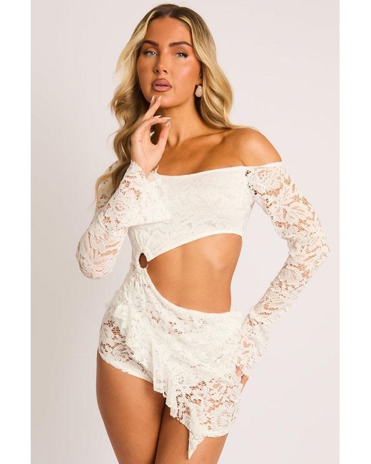 Rebellious Fashion Natural Lace One Shoulder Ruffle Cut Out Mini Dress