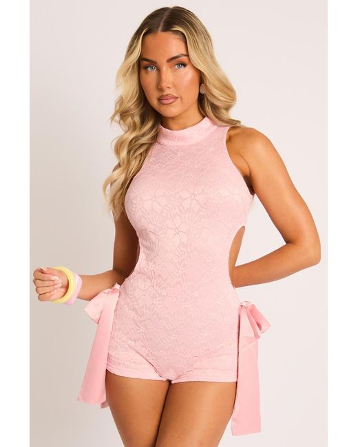 Rebellious Fashion Pink Lace Cut Out Bow Detail Playsuit