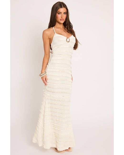 Rebellious Fashion Natural Ruffle Trim Detail Halter Maxi Dress