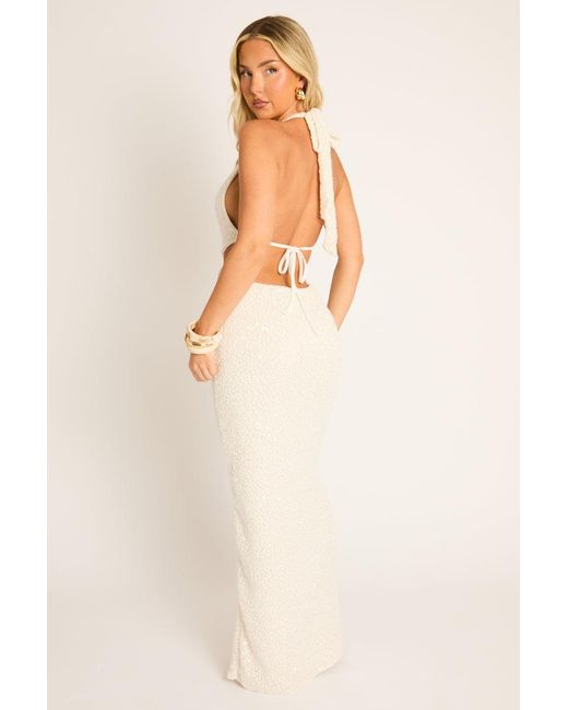 Rebellious Fashion Natural Sequin Wrap Cut Out Halter Maxi Dress