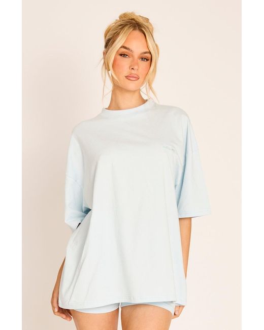 Rebellious Fashion Blue Light Rebellious Logo Oversized T-Shirt And Cycling Shorts Co-Ord