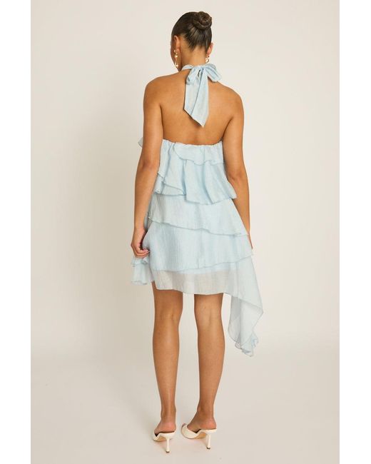 Rebellious Fashion Blue Ruffle Halterneck Mini Dress