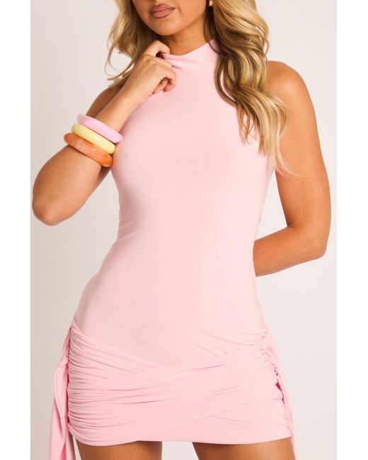 Rebellious Fashion Pink High Neck Wrap Detail Mini Dress