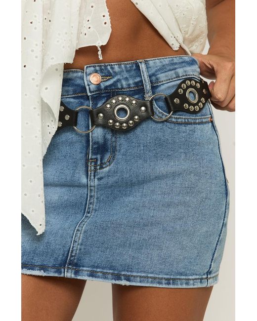 Rebellious Fashion Blue Faux Leather Oval Stud Detail Belt