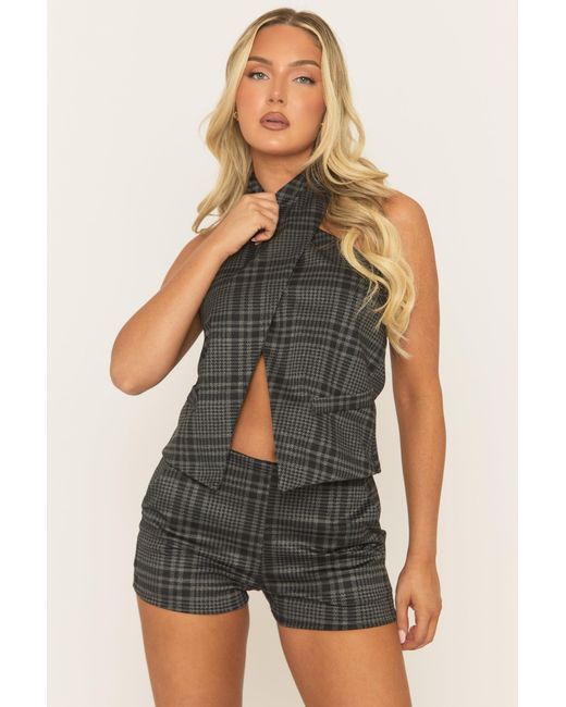 Rebellious Fashion Blue Check Twist Neck Top And Short Co-Ord