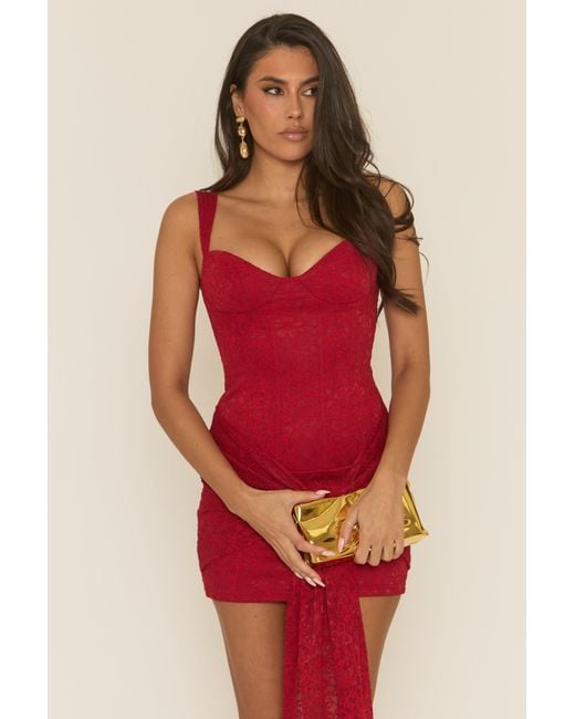 Rebellious Fashion Red Lace Corset Detail Drape Mini Dress