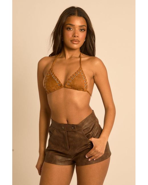 Rebellious Fashion Brown Suede Lace Detail Bikini