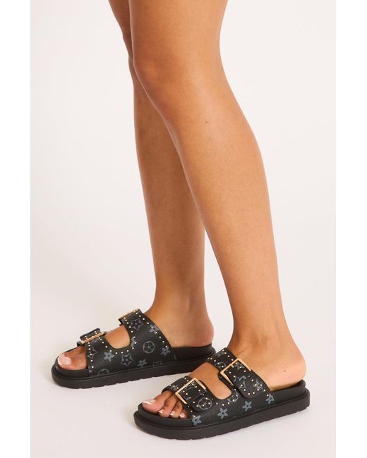 Rebellious Fashion Black Faux Leather Logo Monogram Studded Sandals