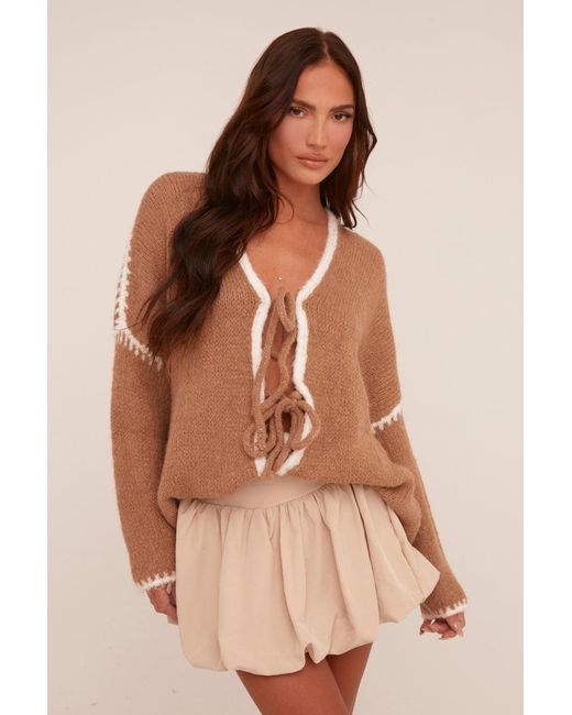 Rebellious Fashion Natural Knit Contrast Stitch Tie Front Cardigan