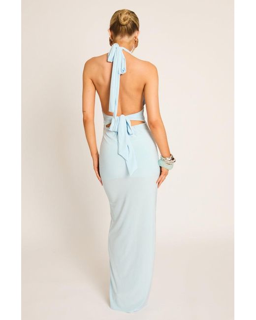 Rebellious Fashion Blue Halterneck Tie Back Maxi Dress