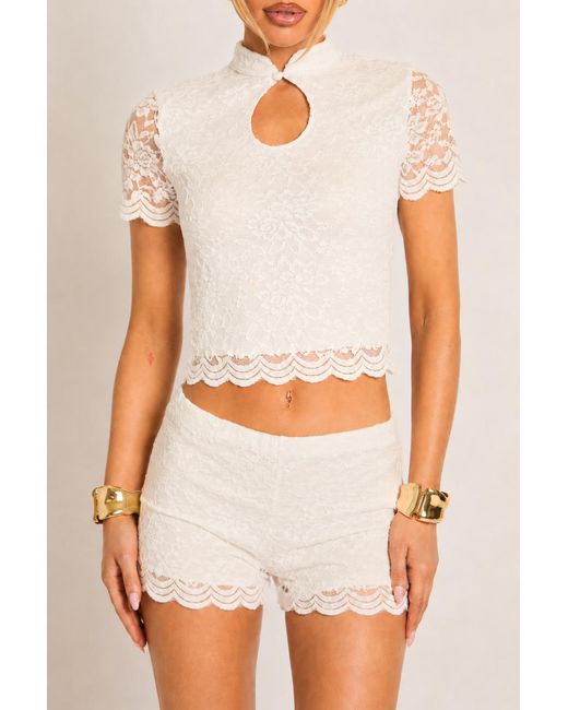 Rebellious Fashion Natural Lace Scallop Hem Keyhole Top And Shorts Co-Ord Set