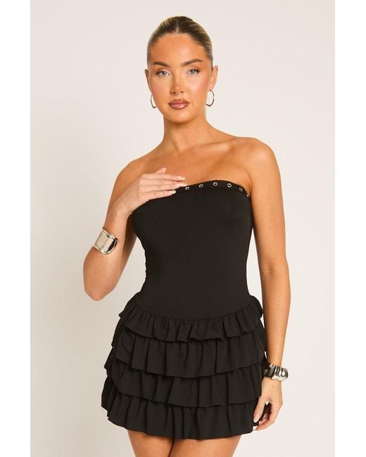 Rebellious Fashion Black Eyelet Detail Bandeau Frill Mini Dress
