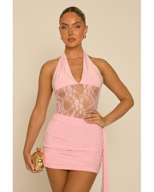 Rebellious Fashion Natural Lace Insert Tie Side Mini Dress