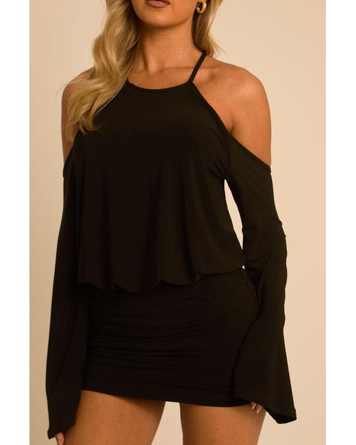 Rebellious Fashion Natural Cold Shoulder Blouson Mini Dress