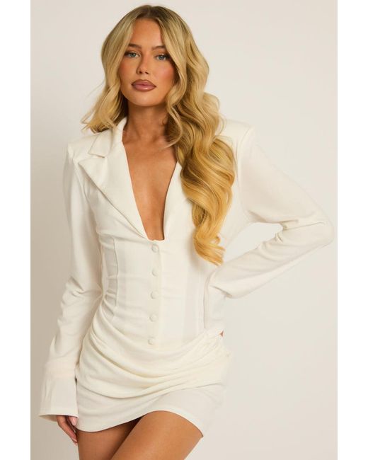 Rebellious Fashion Natural Button Front Draped Blazer Dress