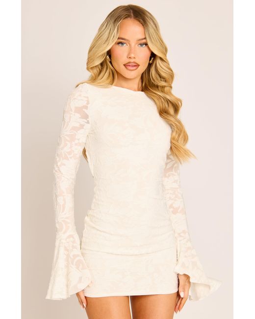 Rebellious Fashion Natural Burnout Floral Flare Sleeve Mini Dress