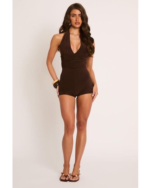 Rebellious Fashion Brown Halter Neck Plunge Tie Back Playsuit