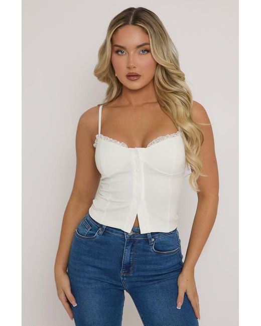 Rebellious Fashion Blue Lace Trim Button Down Corset Top