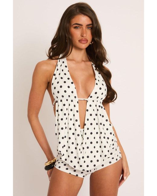 Rebellious Fashion White Plunge Cowl Top & Micro Short Co-Ord Set