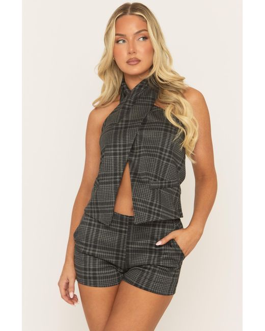 Rebellious Fashion Blue Check Twist Neck Top And Short Co-Ord