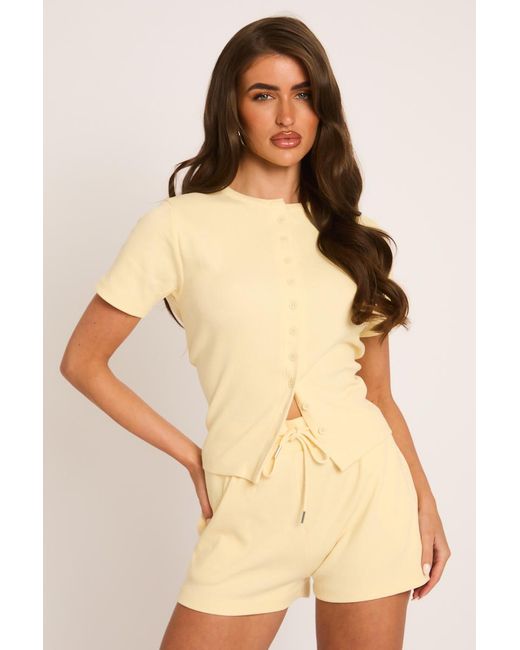 Rebellious Fashion Natural Rib Button Front Top And Short Loungewear Co-Ord Set