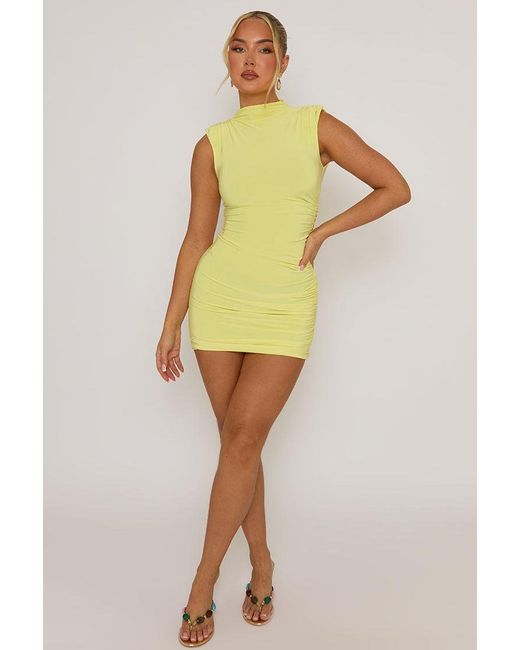 Rebellious Fashion Yellow High Neck Shoulder Pad Ruched Mini Dress