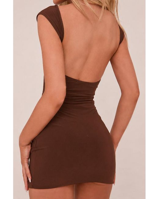 Rebellious Fashion Brown Boat Neck Backless Bodycon Mini Dress