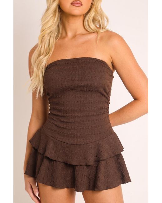 Rebellious Fashion Brown Bandeau Textured Flippy Playsuit