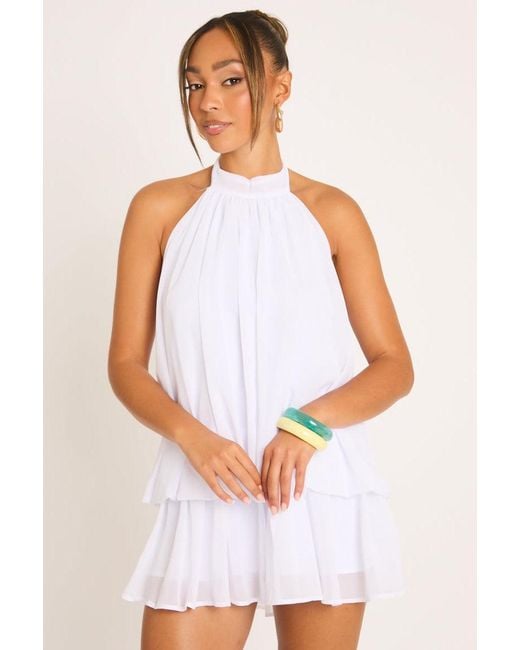 Rebellious Fashion White Halterneck Blouson Mini Dress