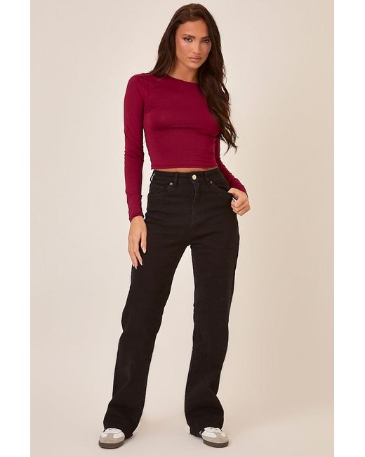 Rebellious Fashion Red Stretch Frayed Hem Straight Leg Jeans