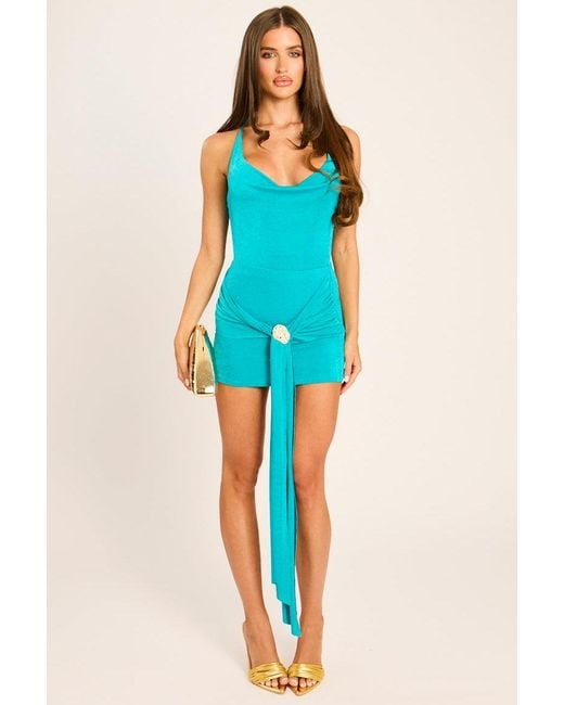 Rebellious Fashion Blue Cowl Neck Bodysuit And Drape Mini Skirt Co-Ord Set