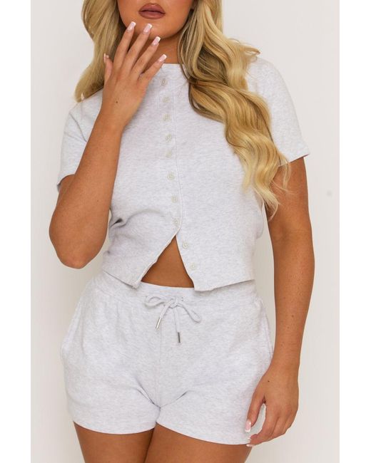 Rebellious Fashion White Marl Rib Button Front Top And Short Loungewear Co-Ord Set
