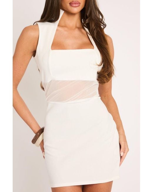 Rebellious Fashion White Mesh Insert Collared Mini Dress