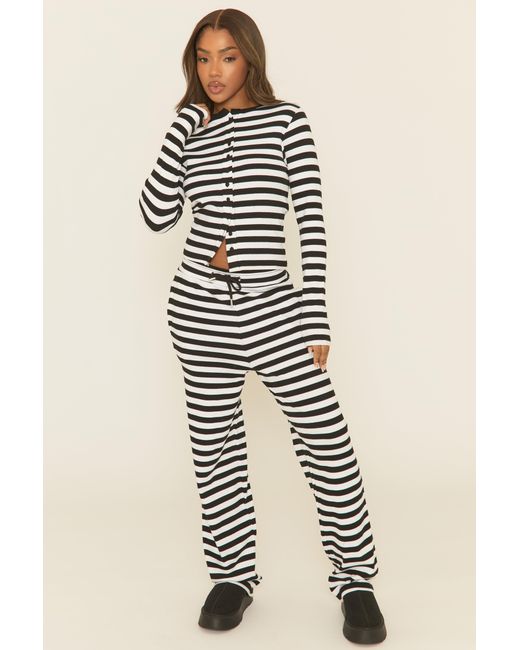 Rebellious Fashion Natural Stripe Button Front Long Sleeve Top And Trouser Loungewear Co-Ord Set
