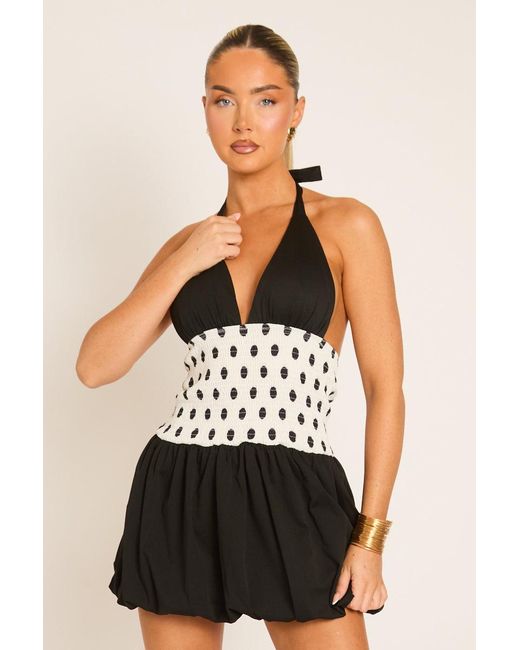 Rebellious Fashion Black Polka Dot Shirred Waist Mini Dress