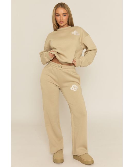 Rebellious Fashion Natural Contrast Motif Jumper And Joggers Loungewear Co-Ord Set