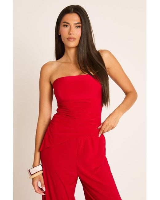 Rebellious Fashion Red Bandeau Asymmetric Top And Wide Leg Trouser Co-Ord Set